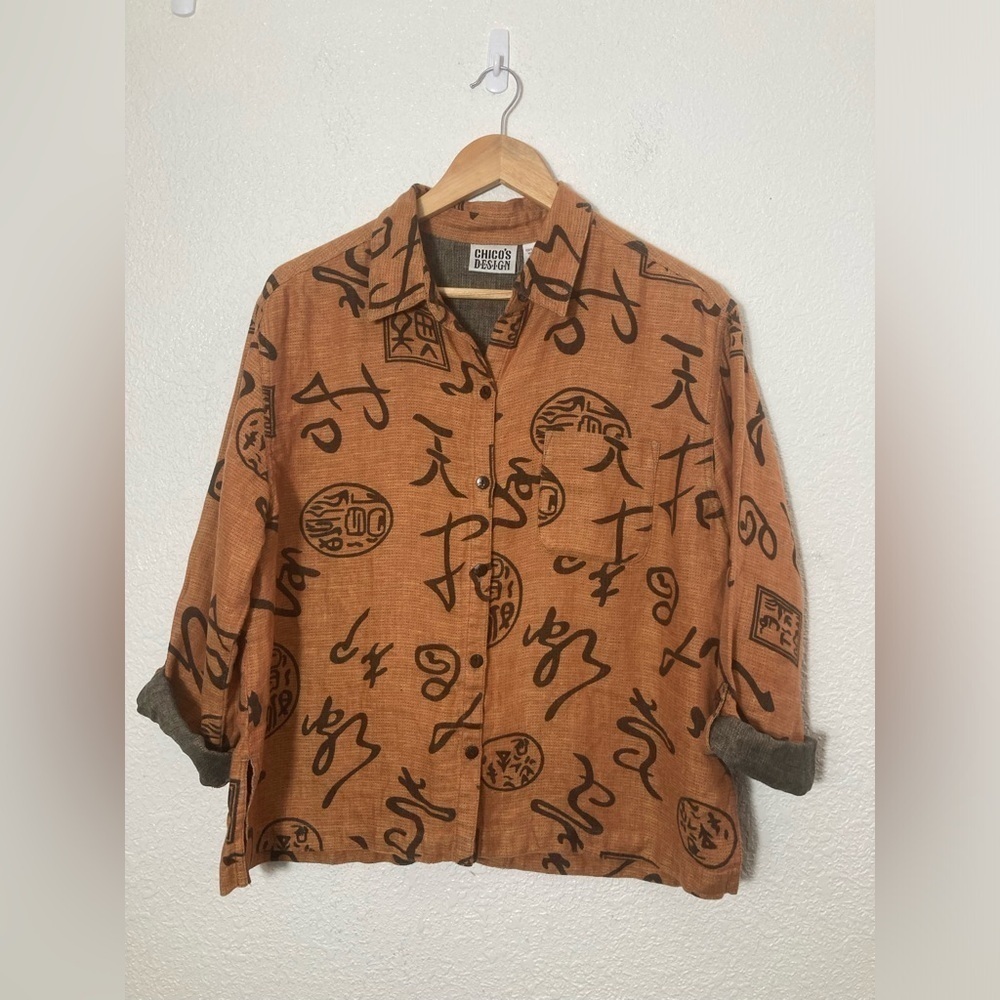 Chico’s Design 100% linen size 1 brown orange black ethnic button down shacket